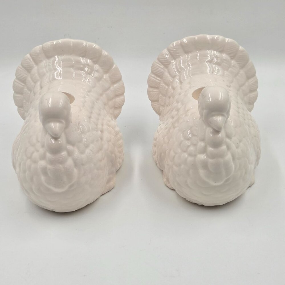 Mid-Century White Ceramic Turkey Candleholder Pair Vintage Thanksgiving Decor